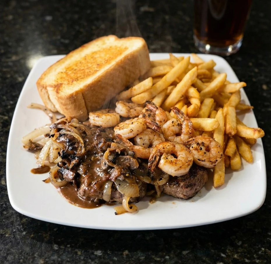 Steak and prawns at Cowboys Taphouse Calgary - 8 oz steak with prawns special