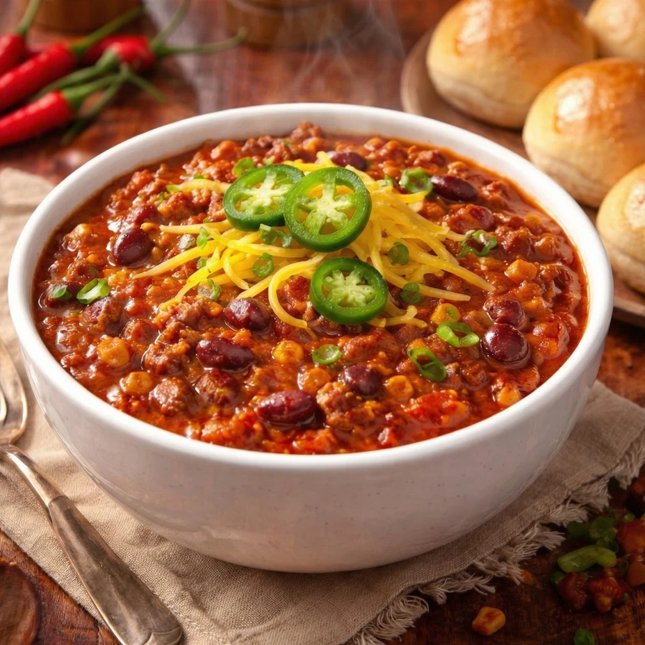 Bowl of homestyle chili with buns at Cowboys Taphouse Calgary
